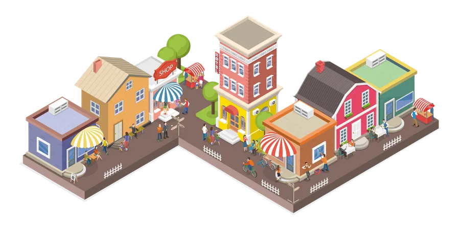 3 D Isometric Flat Vector Conceptual Illustration Of Urban Life Street Cafes And Restaurant Old City 일러스트레이션