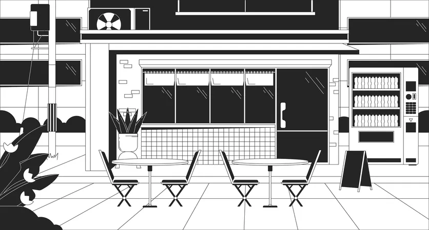 Urban Storefront At Night Black And White Lo Fi Aesthetic Wallpaper Exterior Store With Tables Vending Machine Outline 2 D Vector Cartoon Cityscape Illustration Monochrome Lofi Background Illustration