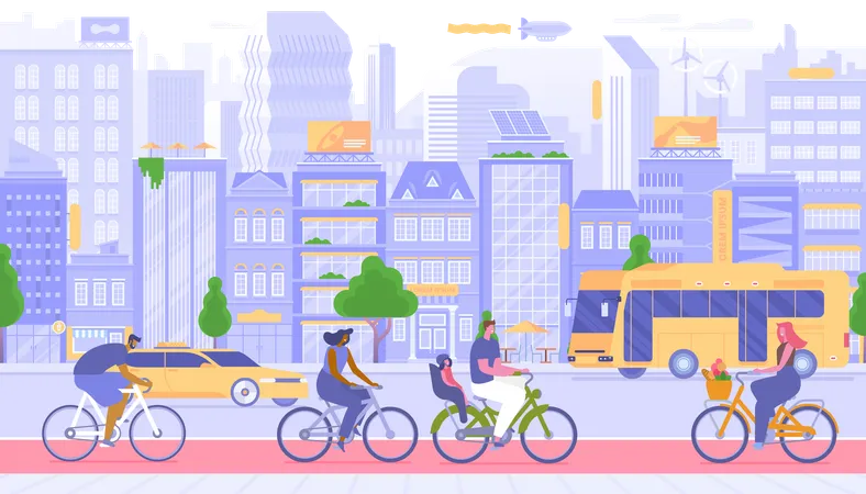 Urban Transport City Travel Vector Illustration Happy People On Bicycles Outdoors Cartoon Characters Personal And Public Vehicles Taxi Cab And Bus On Road Citizens Cycling On Sidewalk Illustration