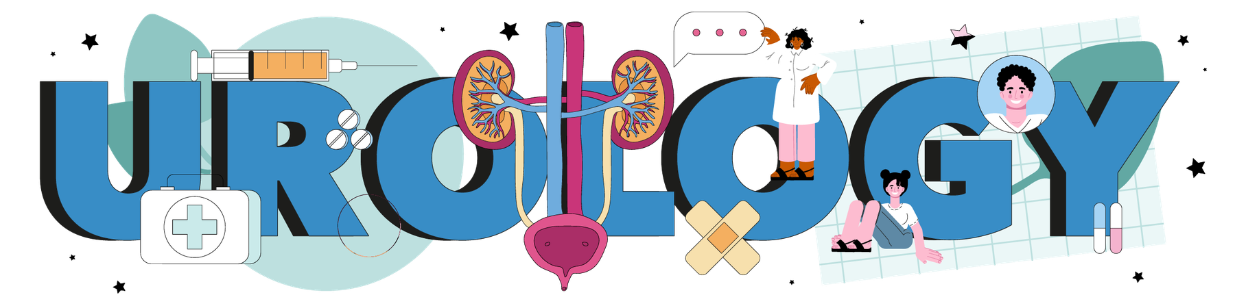 Urology typographic header. Urinary system examination, kidney  Illustration