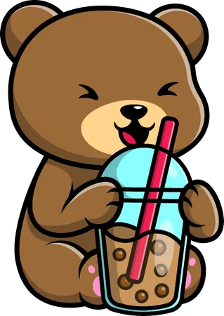 Urso bebe chá com leite Boba  Ilustração