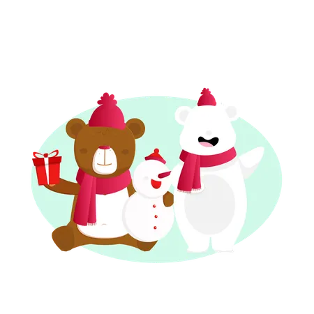 Urso com boneco de neve  Ilustração