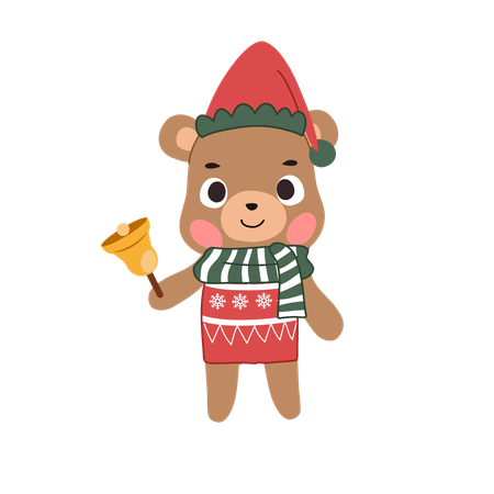 Urso de natal com casaco de inverno e sino para a temporada de férias festivas  Ilustração