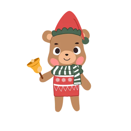 Urso de natal com casaco de inverno e sino para a temporada de férias festivas  Ilustração