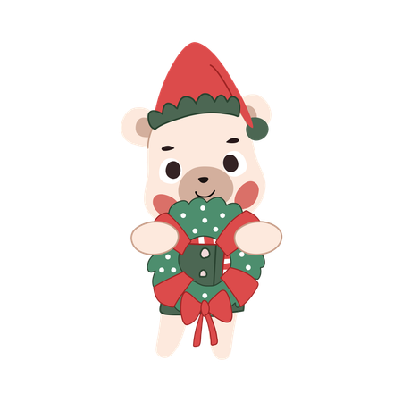 Urso de natal fofo segurando uma guirlanda com tema de inverno para decoração festiva  Ilustração