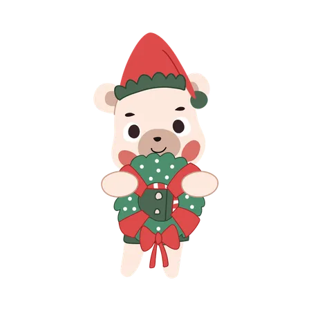 Urso de natal fofo segurando uma guirlanda com tema de inverno para decoração festiva  Ilustração