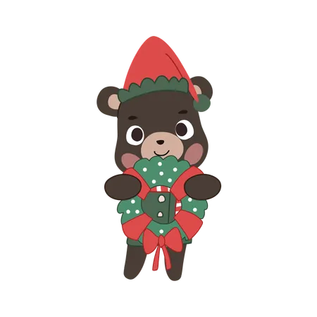 Urso de natal fofo segurando uma guirlanda com tema de inverno para decoração festiva  Ilustração