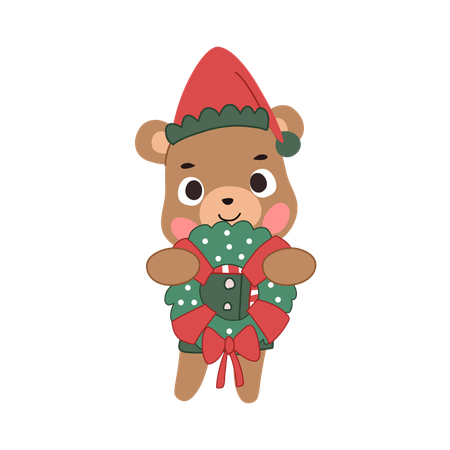 Urso de natal fofo segurando uma guirlanda com tema de inverno para decoração festiva  Ilustração