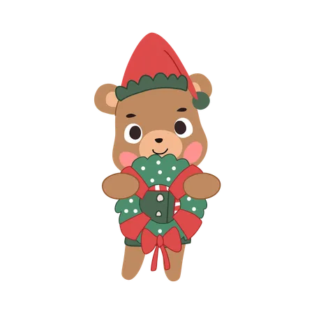 Urso de natal fofo segurando uma guirlanda com tema de inverno para decoração festiva  Ilustração