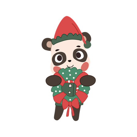 Urso de natal fofo segurando uma guirlanda com tema de inverno para decoração festiva  Ilustração