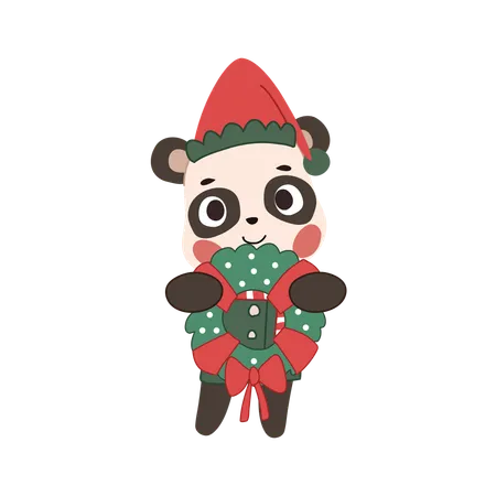 Urso de natal fofo segurando uma guirlanda com tema de inverno para decoração festiva  Ilustração