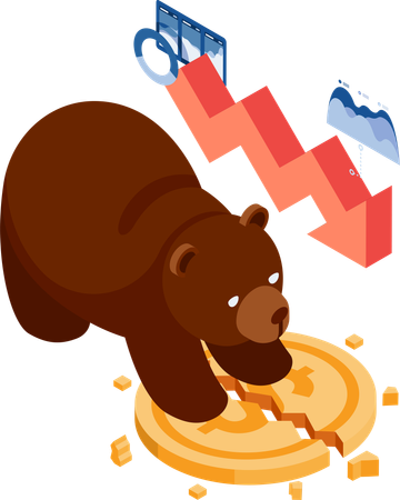 Urso destrói moeda de dólar com gráfico em queda  Ilustração