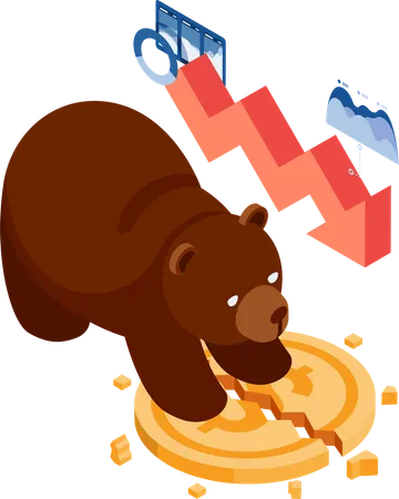 Urso destrói moeda de dólar com gráfico em queda  Ilustração