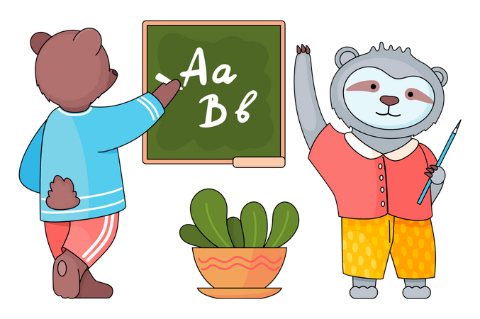 Urso escrevendo giz na carteira da escola  Ilustração