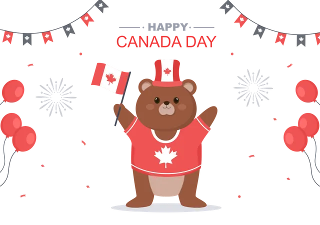 Urso fazendo feliz comemoração do Dia do Canadá  Ilustração