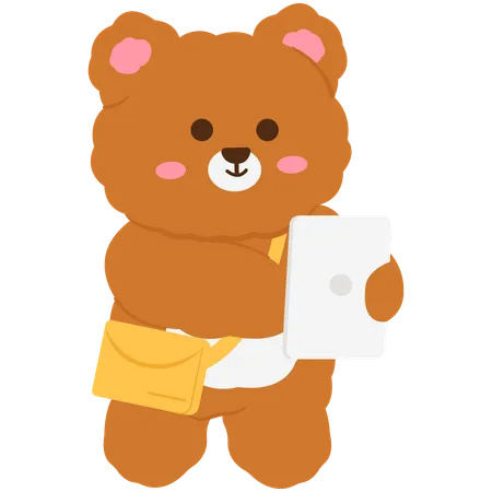 Urso fofo aprendendo a usar o iPad  Ilustração