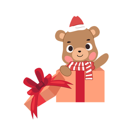 Urso fofo em uma caixa de presente de Natal festiva, vestido com um tema de inverno Perfeito para férias e Natal  Ilustração