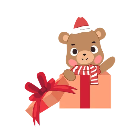 Urso fofo em uma caixa de presente de Natal festiva, vestido com um tema de inverno Perfeito para férias e Natal  Ilustração