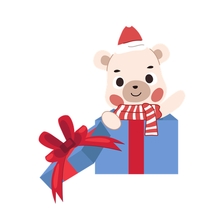 Urso fofo em uma caixa de presente de Natal festiva, vestido com um tema de inverno Perfeito para férias e Natal  Ilustração