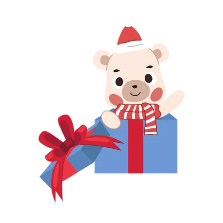 Urso fofo em uma caixa de presente de Natal festiva, vestido com um tema de inverno Perfeito para férias e Natal  Ilustração