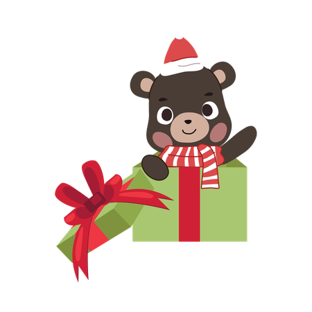 Urso fofo em uma caixa de presente de Natal festiva, vestido com um tema de inverno Perfeito para férias e Natal  Ilustração