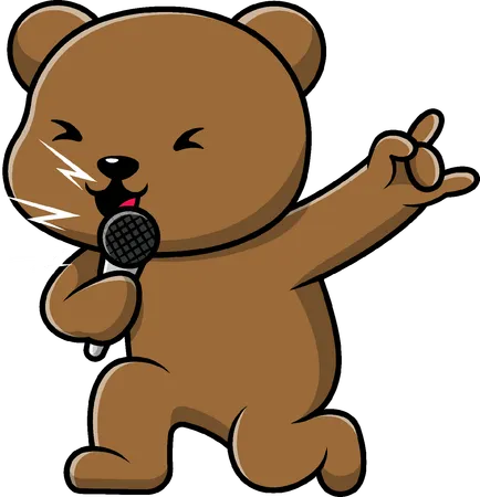 Urso pardo cantando com microfone  Ilustração