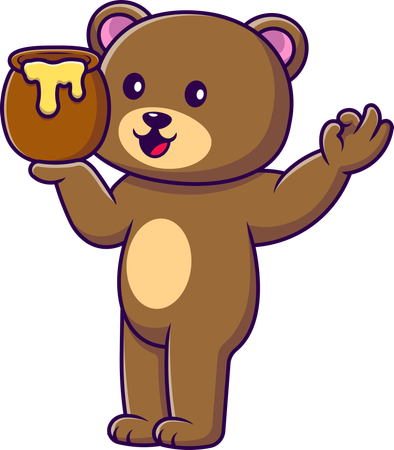 Urso pardo segurando um barril de mel  Ilustração