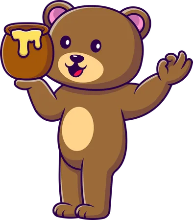Urso pardo segurando um barril de mel  Ilustração