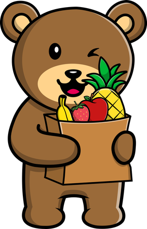 Urso pardo segurando saco de frutas  Ilustração