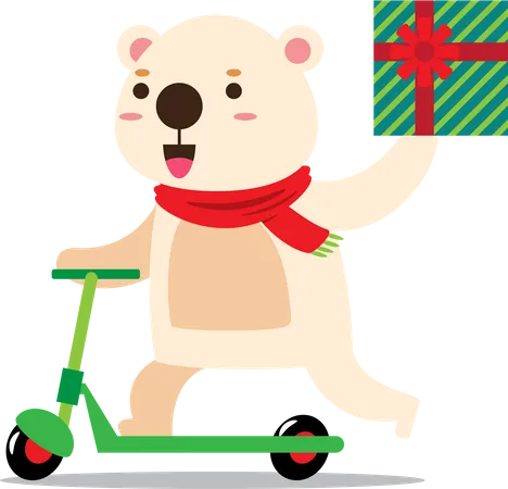 Urso polar com lenço vermelho entregando presente de Natal  Ilustração