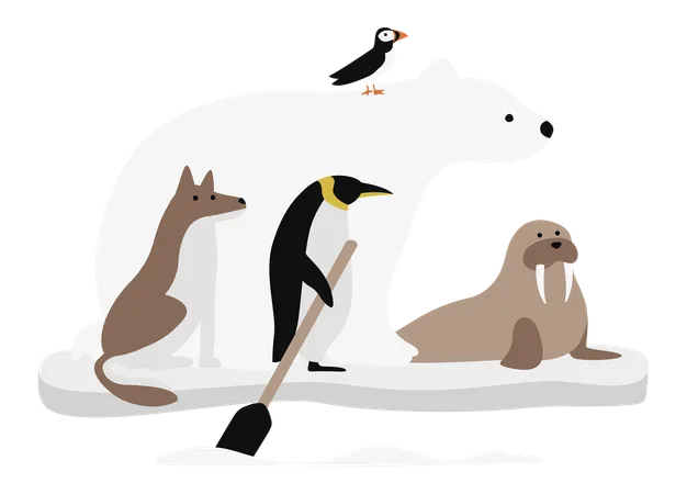 Urso polar e amigos em pé no gelo  Ilustração