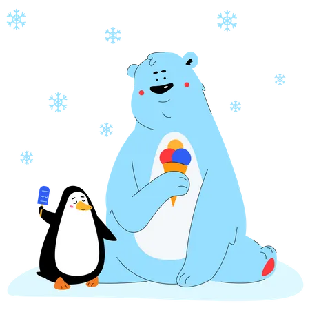 Urso Polar E Pinguim Comendo Sorvete Ilustracao De Estilo De Design Plano Com Personagens De Desenhos Animados Em Fundo Branco Uma Composicao Com Animais Fofos Sentados Juntos Horario De Inverno Conceito Sazonal Ilustração