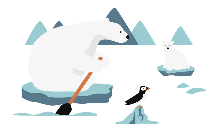 Urso polar e seu bebê sentados sobre um gelo derretido no mar  Ilustração
