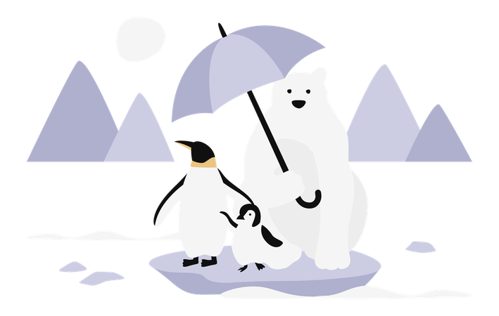 Urso polar segurando guarda-chuva com pinguins  Ilustração