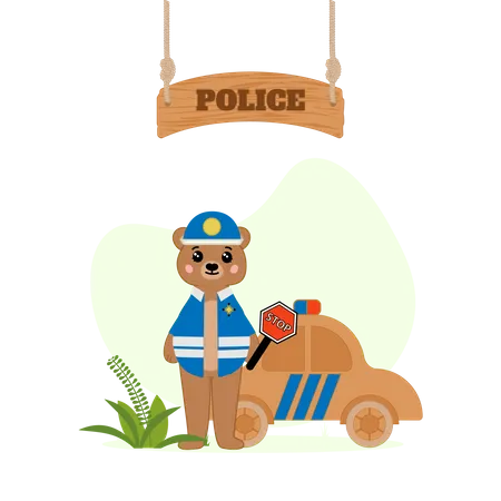 Urso policial com carro de polícia  Ilustração