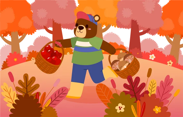 Urso segurando maçã e cogumelo na cesta  Ilustração