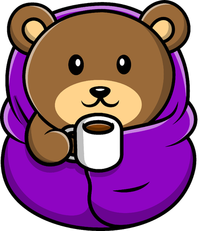 Urso usando cobertor e bebendo uma xícara de café quente  Ilustração