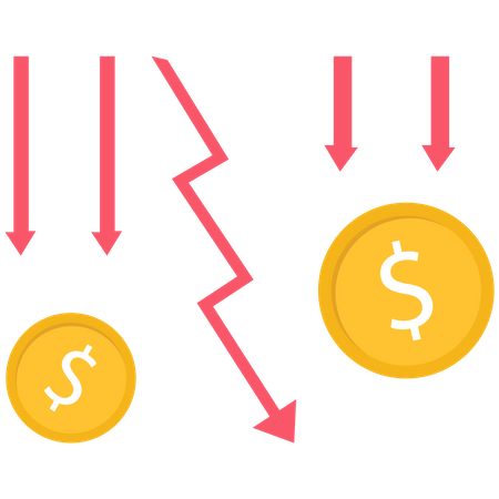 US dollar coin and red arrow going down  Illustration