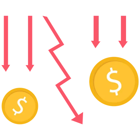US dollar coin and red arrow going down  Illustration