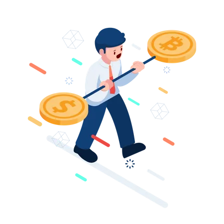 Flat 3 D Isometric Businessman Trying To Balance Dollar And Bitcoin Usd Stablecoin And Cryptocurrency Concept イラスト