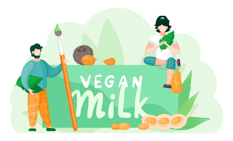 A Guy Stands With Brush In His Hands And Leaves Under His Arm While The Girl Sits On A Plate With The Inscription And Meditates With Her Eyes Closed Vegan Milk Veganism Concept Healthy Lifestyle Illustration