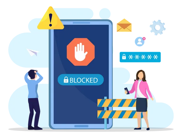 People Are Very Surprised And Feeling Anxious About Blocked User Account Experts Help User To Unblock Account Flat Vector Illustration