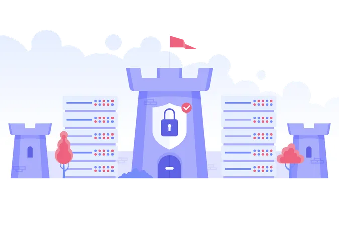 Data Protection Safe Cyber Space Concept With Castle Clouds And Server Racks Computer Online Network And Internet Security Antivirus Spyware Malware Vector Illustration In Flat Style イラスト