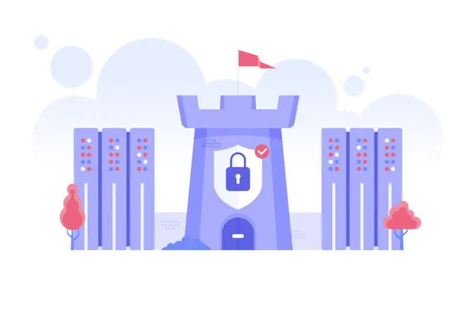 Data Protection Safe Cyber Space Concept With Castle Clouds And Server Racks Computer Online Network And Internet Security Antivirus Spyware Malware Vector Illustration In Flat Style イラスト