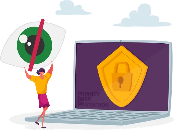 Tiny Female Character With Huge Crossed Eye Woman Stand At Laptop With Padlock And Shield On Screen Password Identification Information Internet Profile Or Account Cartoon People Vector Illustration 일러스트레이션