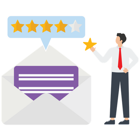 User experience, 5 star review of high quality and good business reputation, customer reviews or credit rating, appraisal rank concept, Businessman mailing satisfaction rating, — Vector Illustration