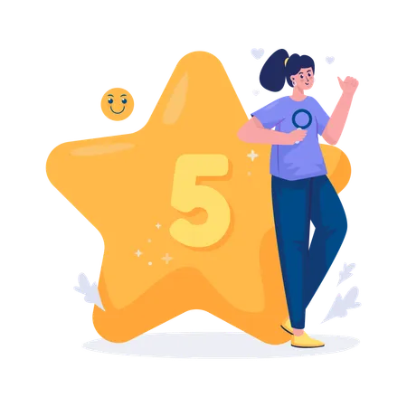 A Woman With Five Star Symbol For User Experience Feedback Satisfaction Illustration Illustration