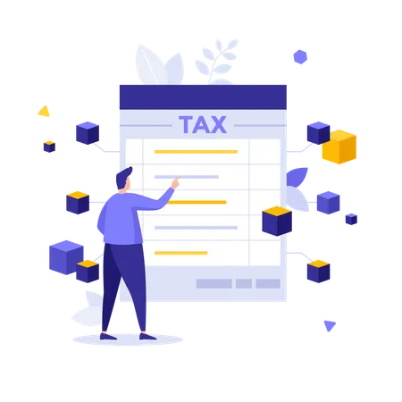 User Fills Tax Form Based On Blockchain Technology Cryptocurrency Regulation Decentralized Tax App Concept Flat Vector Illustration Digital Financial System Cartoon Character Color Composition Illustration