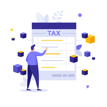 User fills tax form based on blockchain technology  Illustration