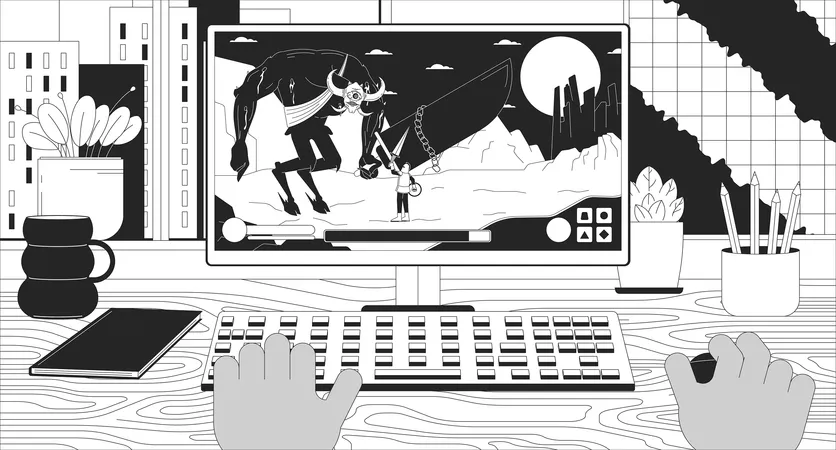 Black User Playing Computer Game 2 D Linear Illustration Concept Gamer Defeating Boss Demon In Rpg Cartoon Scene Background Computer Gaming Hobby Metaphor Abstract Flat Vector Outline Graphic Illustration
